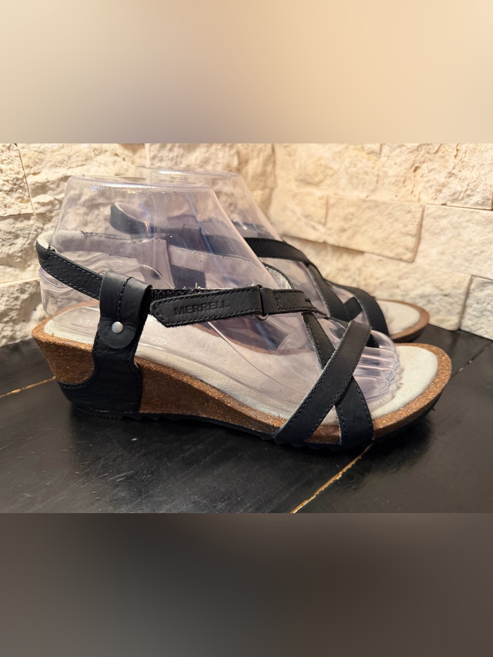 MERRELL Sandals Revalli Aura Sandals Strappy Cork WWedge Leather Black Womens 9